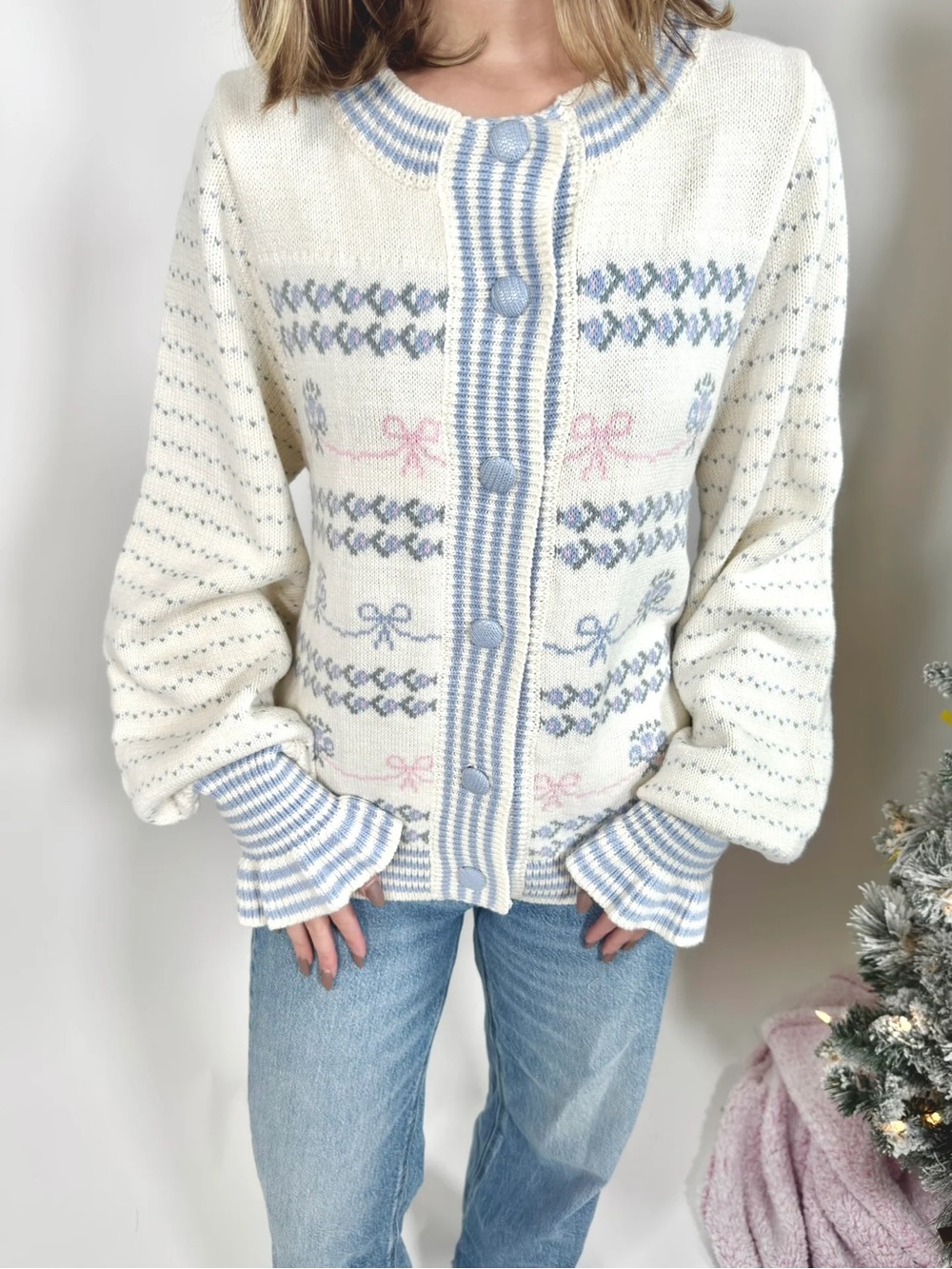 NWT & MERCI Women's Cream Knit Cardigan with Blue Trim and Pastel Bows